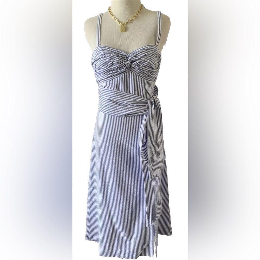 CLUB MONACO Blue and White Seersucker Dress Open Back Bow Front - Picture 3 of 8